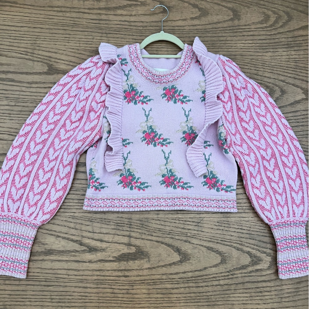 LoveShackFancy Pink and Green Knit Sweater